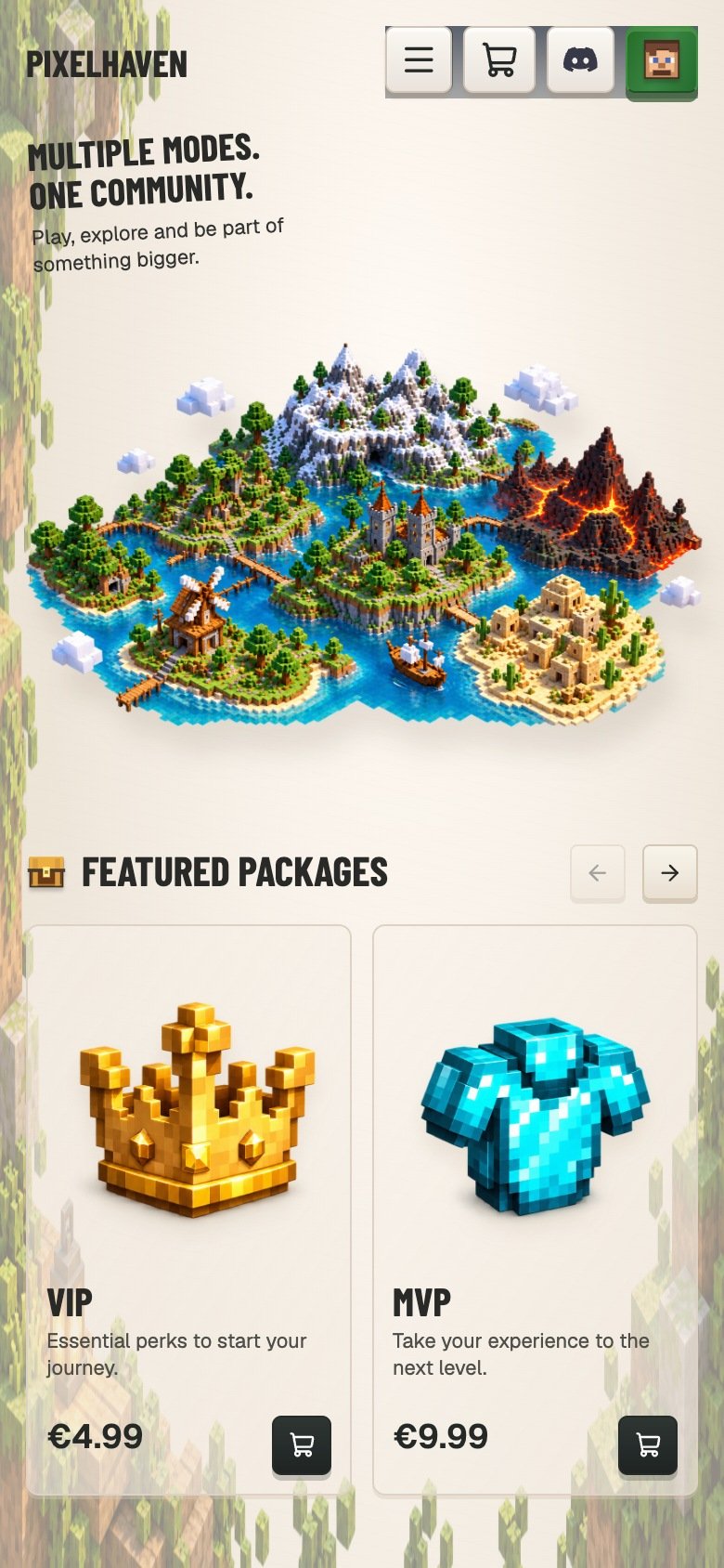 Pixelhaven on mobile, homepage