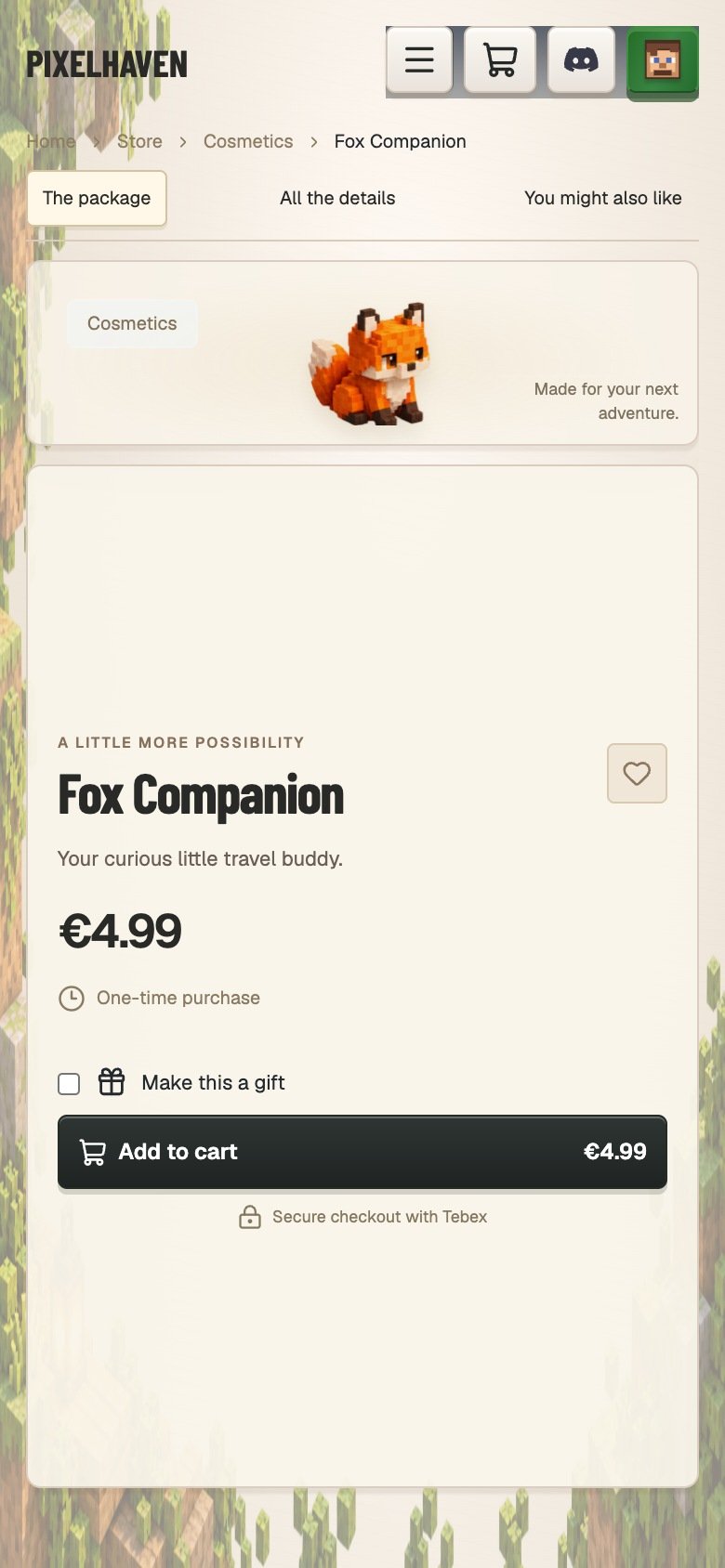 Pixelhaven on mobile, product page