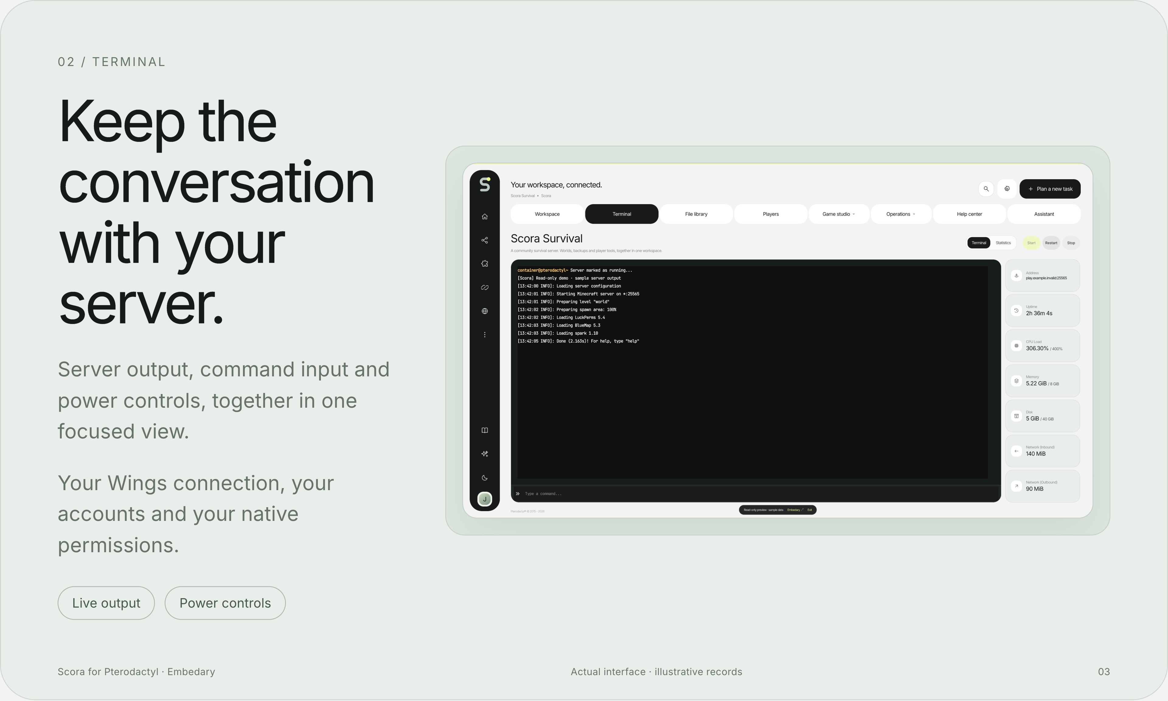 Scora terminal, native resource readings and server power controls.