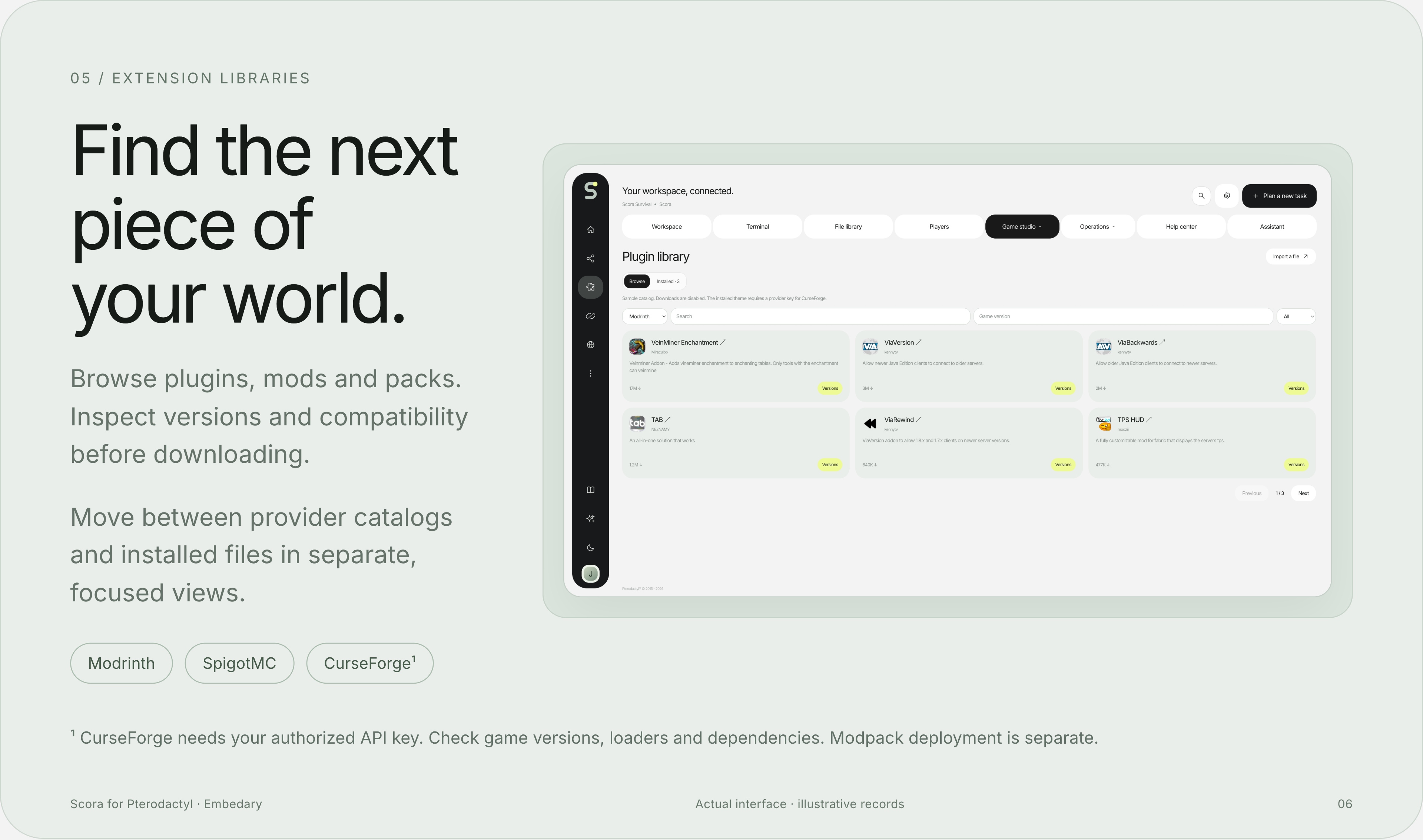 Scora plugin library with catalog browsing and installed-file views.