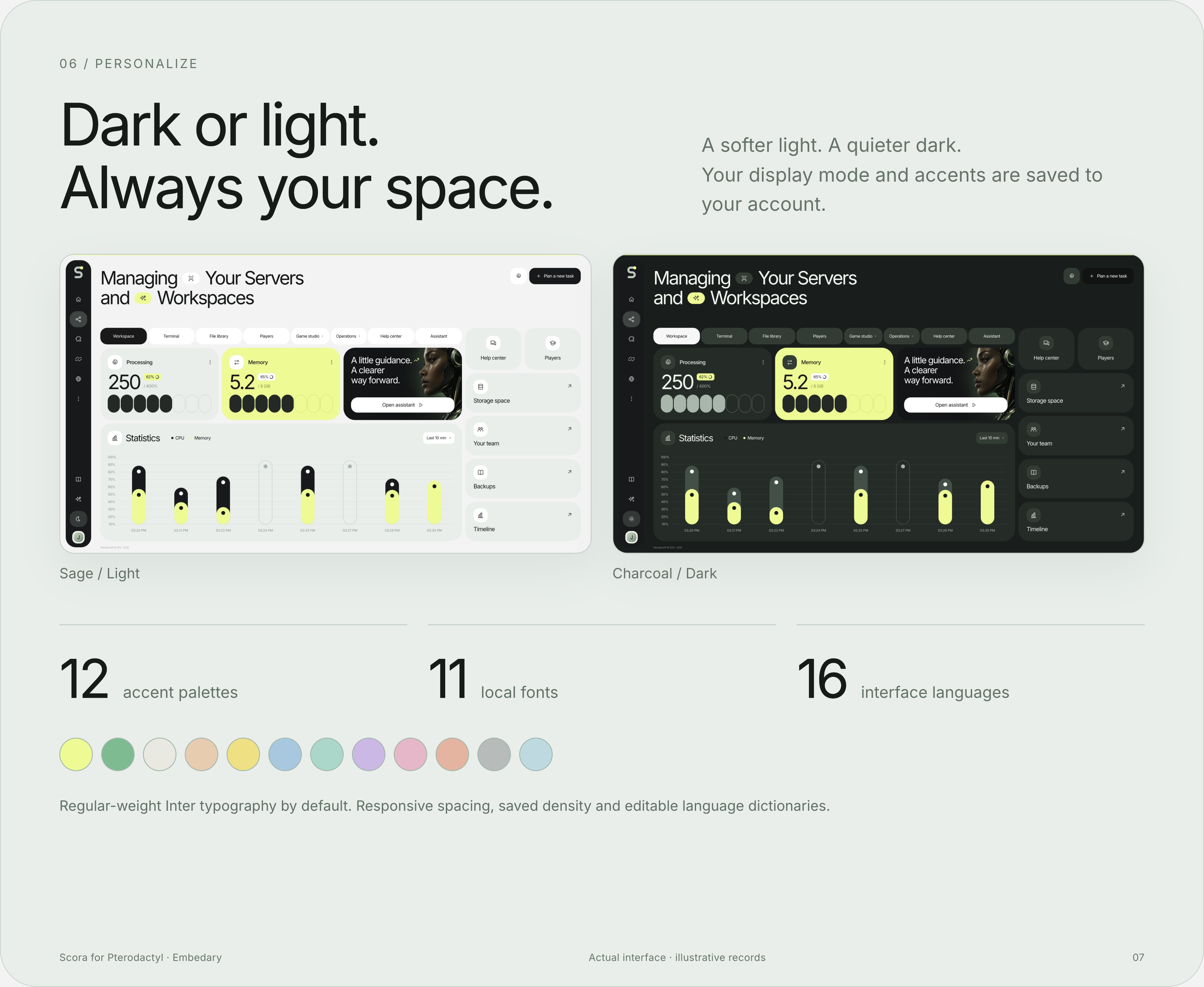 Scora dark and white display modes, twelve accent palettes, eleven fonts and sixteen languages.