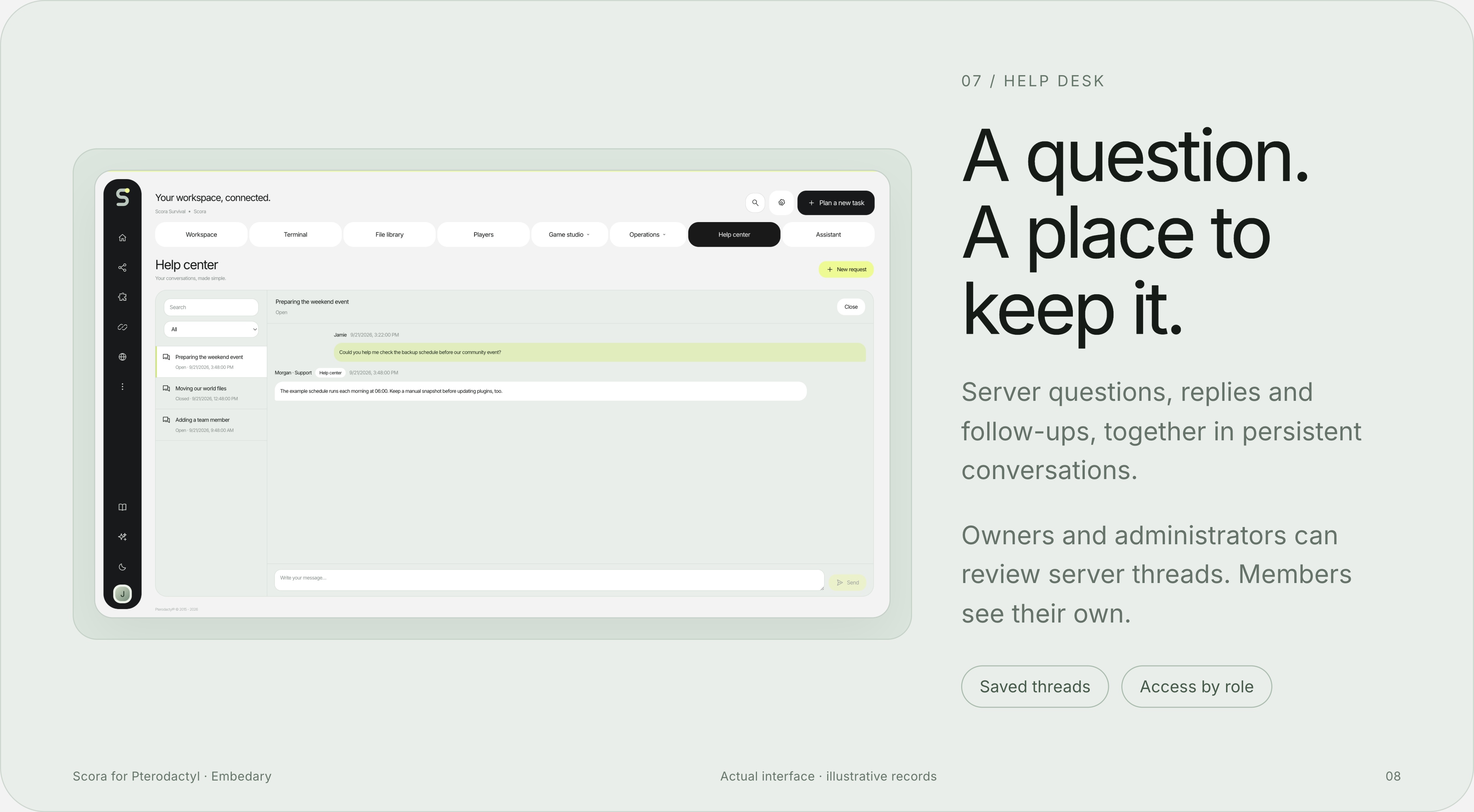 Scora server support threads and conversation workspace.