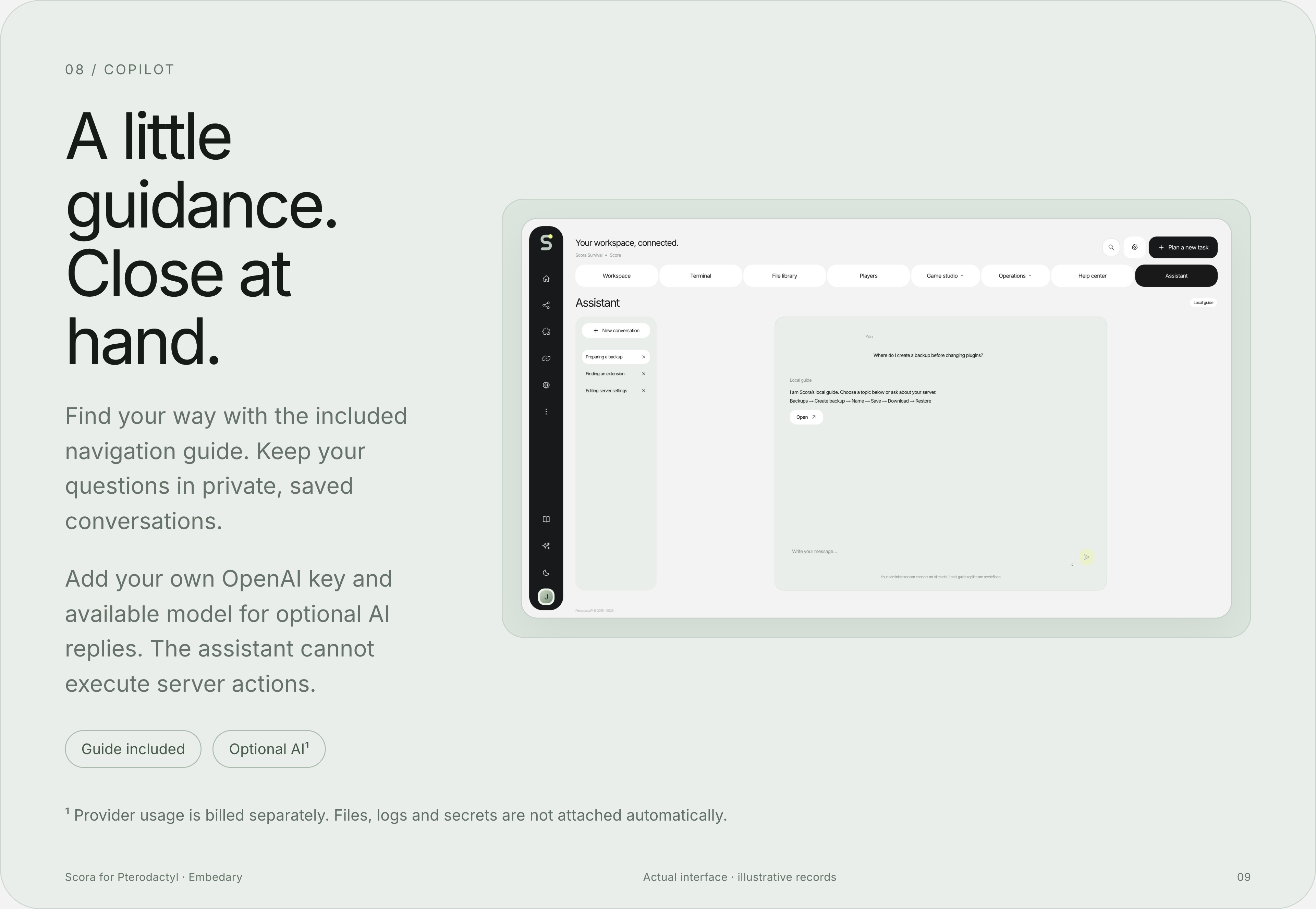 Scora private assistant conversations, included guide and optional OpenAI configuration.