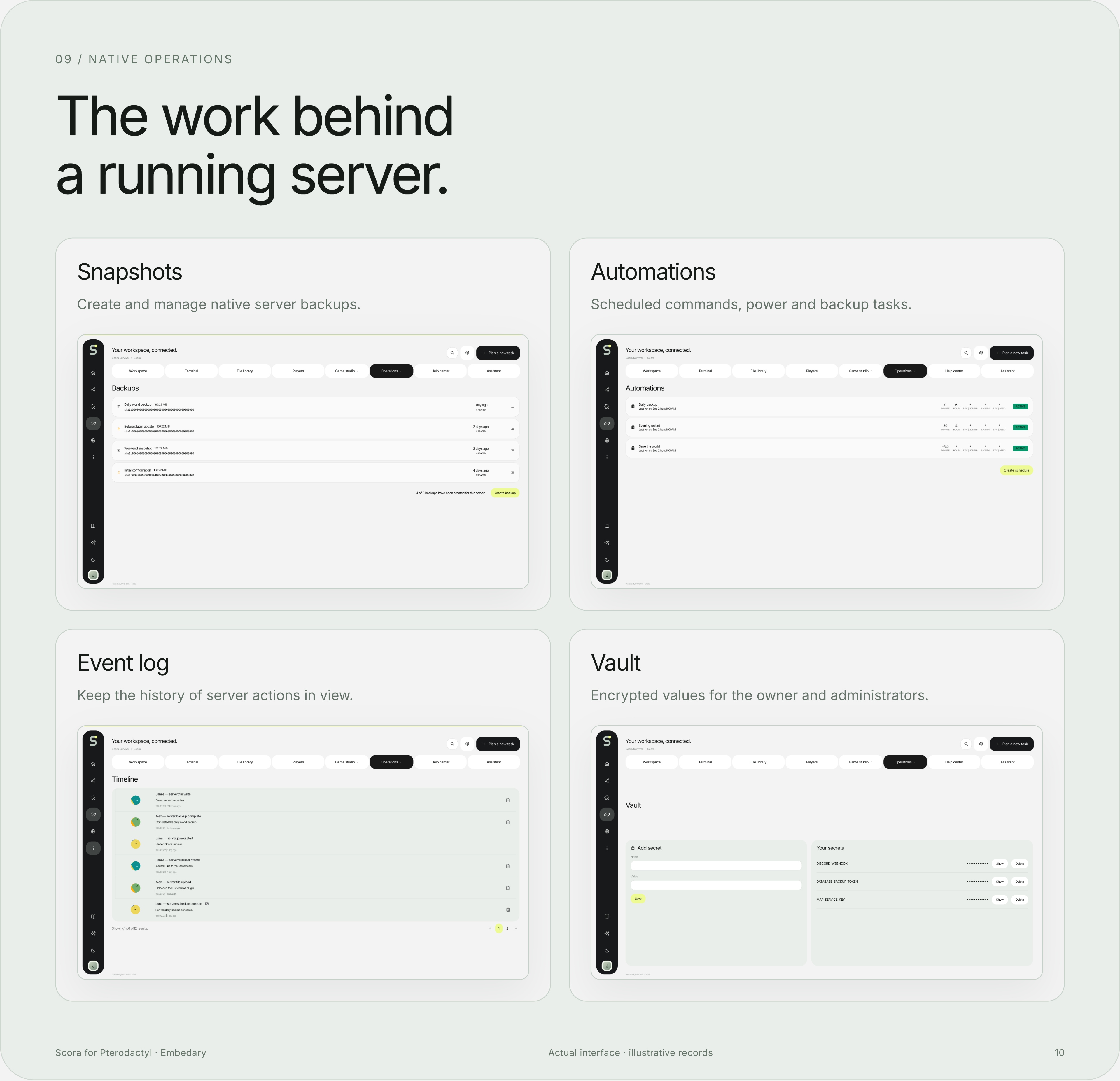 Scora native backups, schedules, server activity and encrypted secrets.