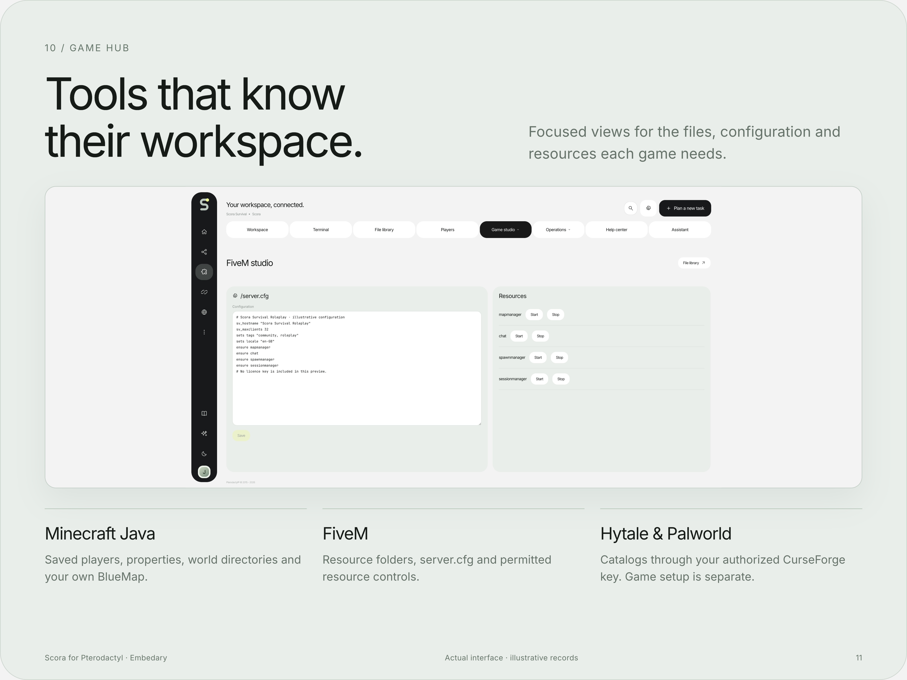 Scora game workspaces for Minecraft Java, FiveM and optional CurseForge catalogs.