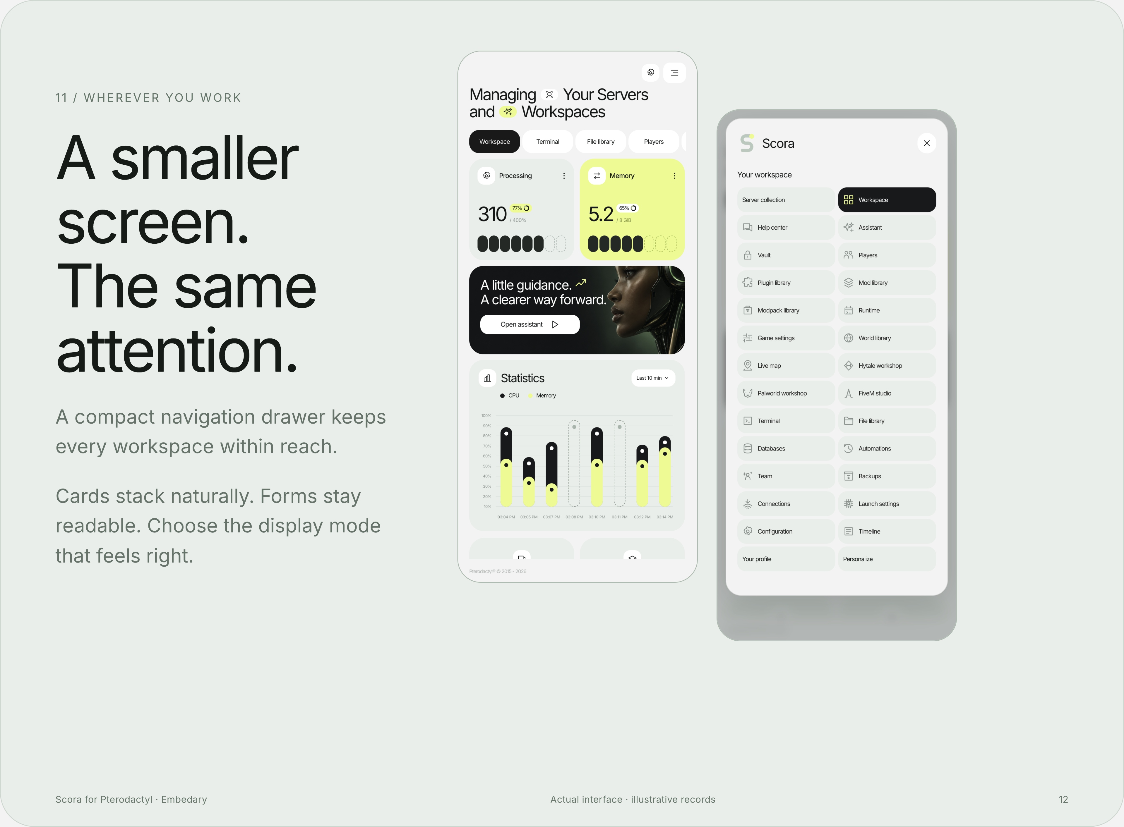 Actual Scora mobile workspace and complete navigation drawer.