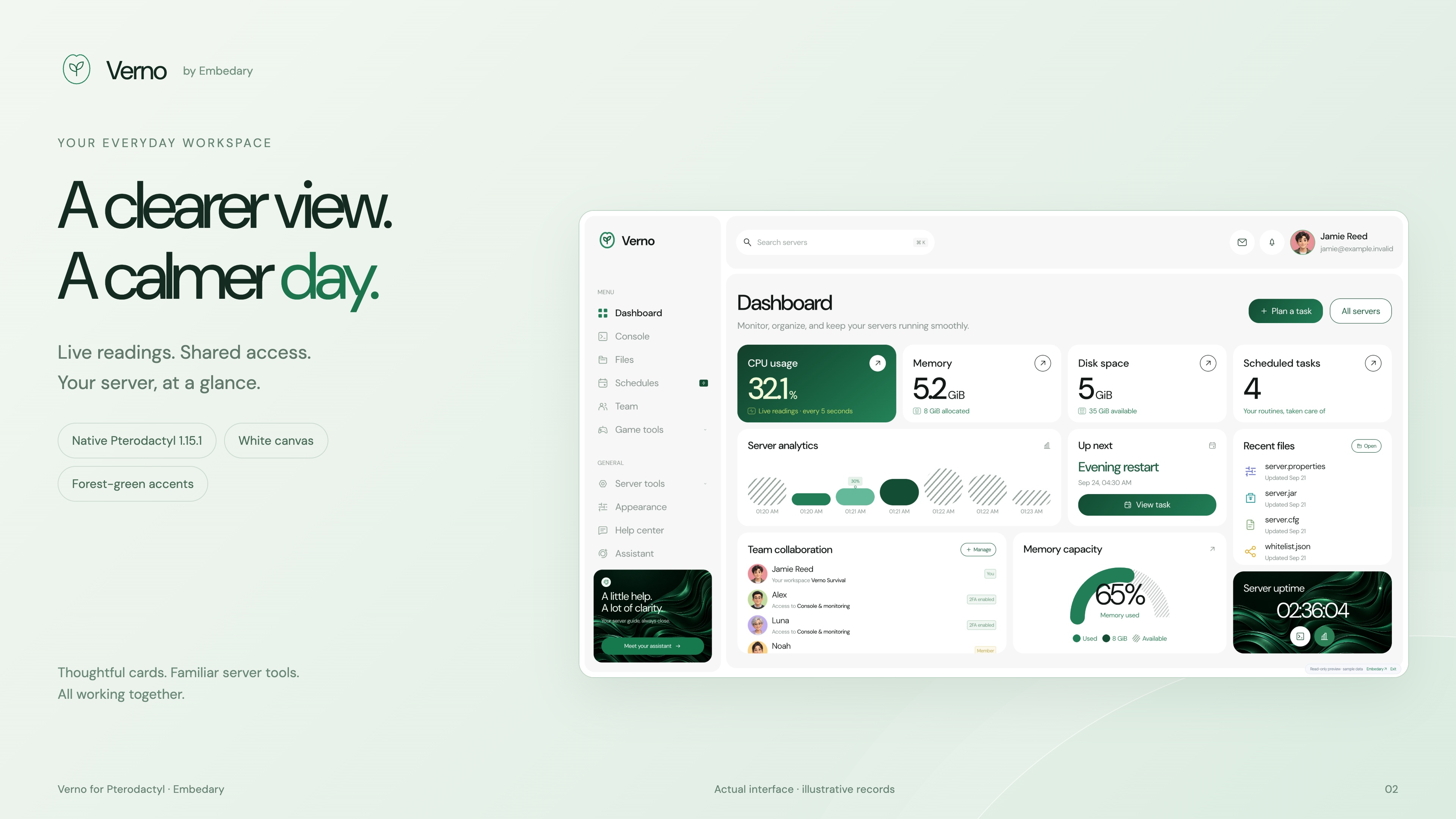 Verno — Your servers, a little clearer. A preview of the white and forest-green workspace.