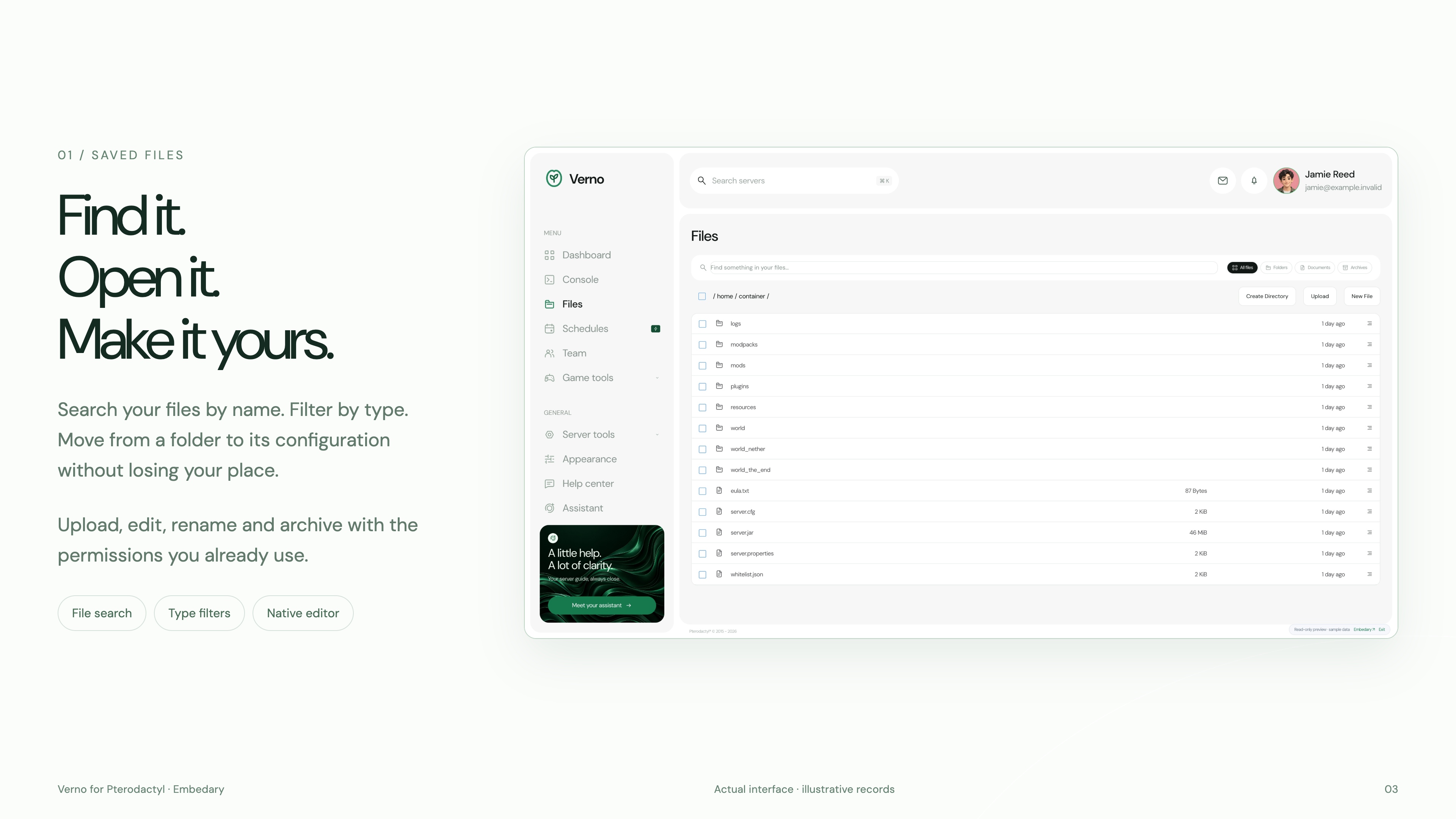 Verno file library with a search field, type filters, folders and native file operations.