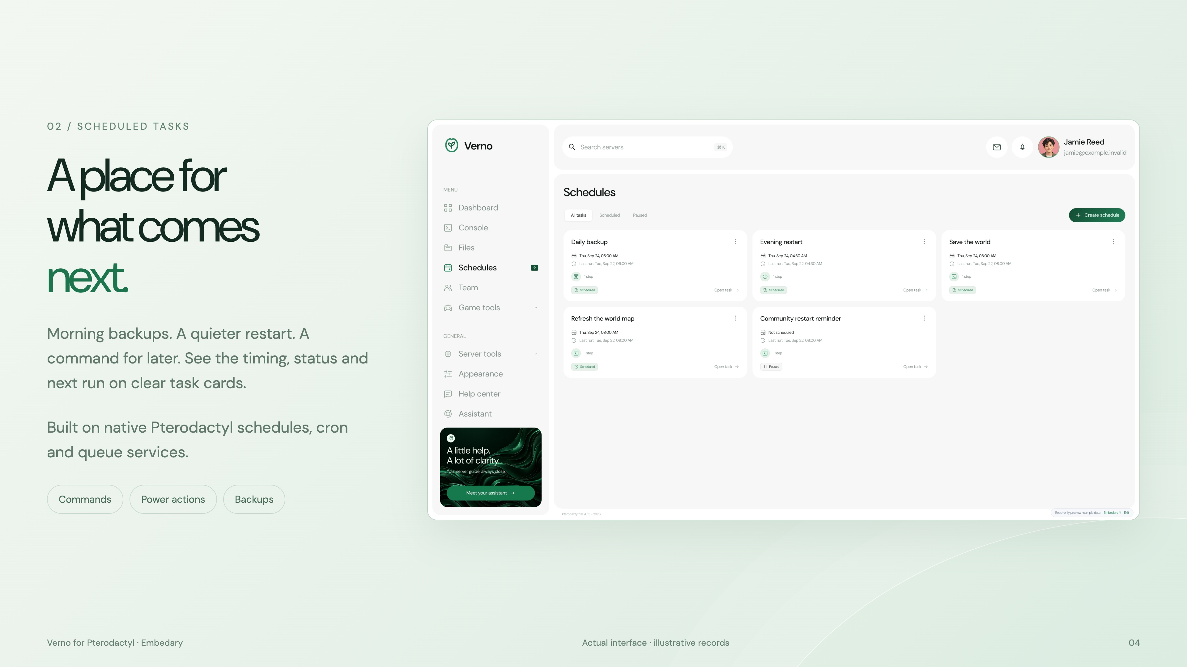 Verno scheduled task cards with timing, status, next run and contextual actions.