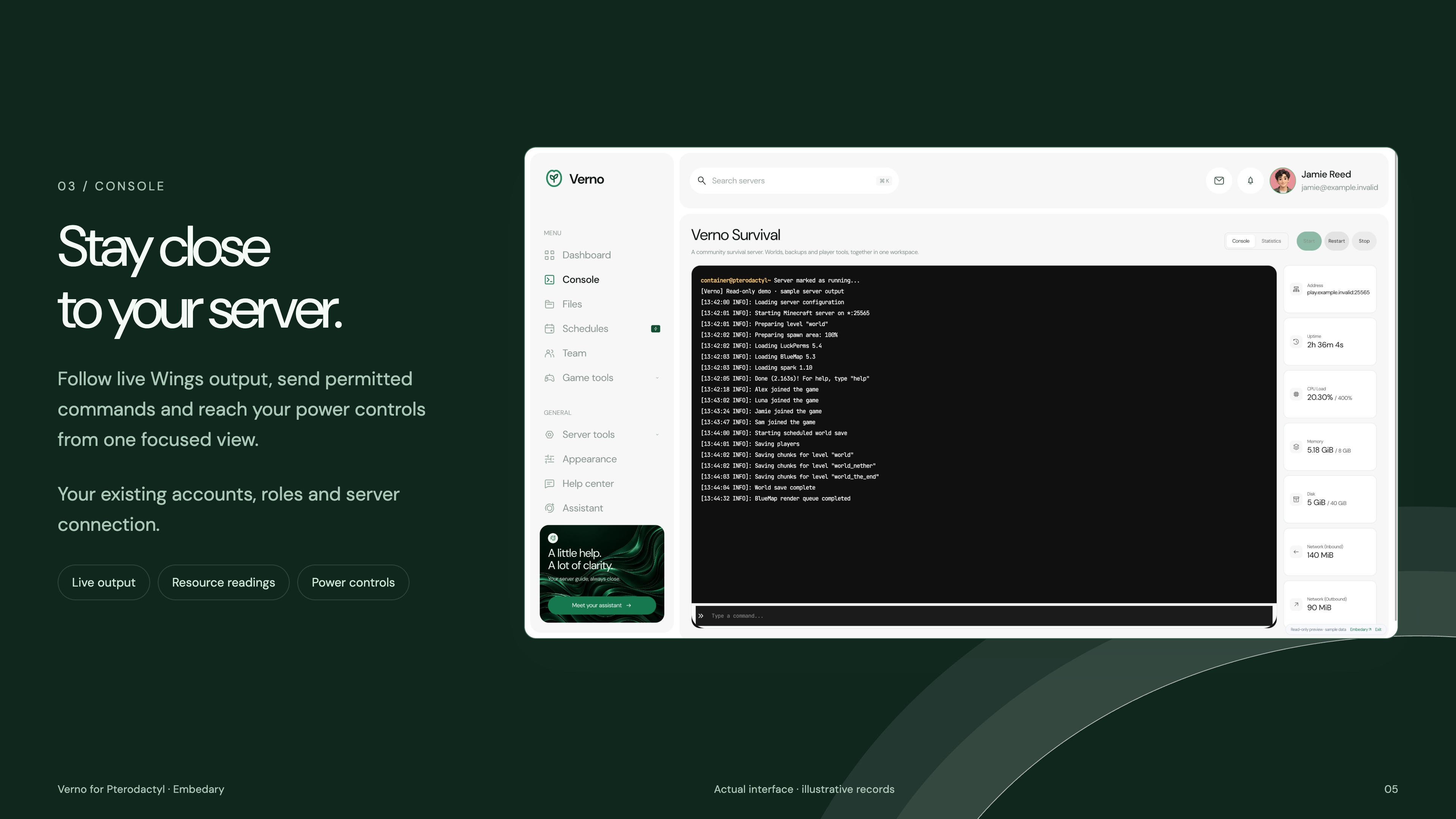 Verno native-style console workspace with resource readings and power controls.