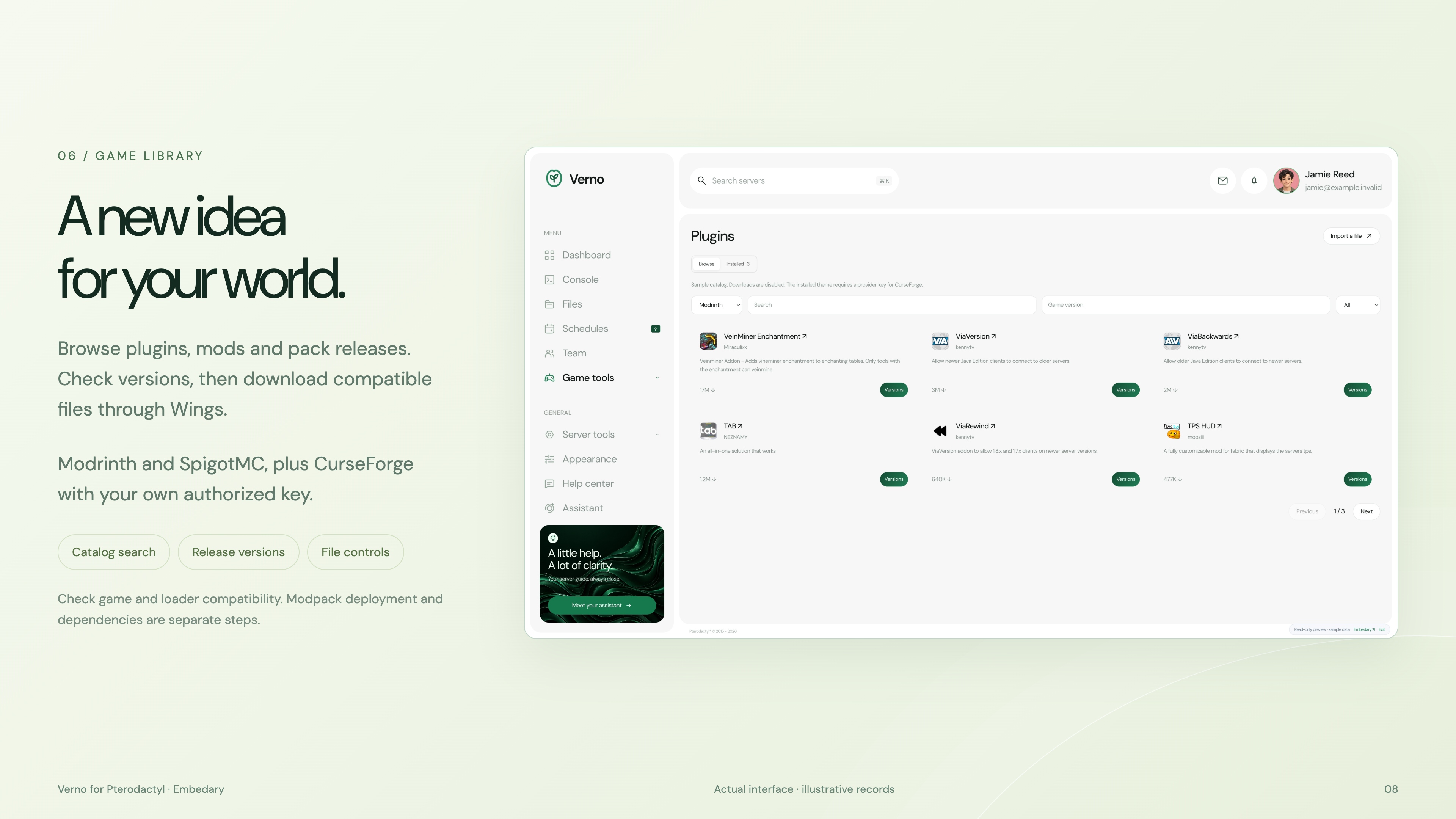 Verno extension catalog with project cards and release controls.
