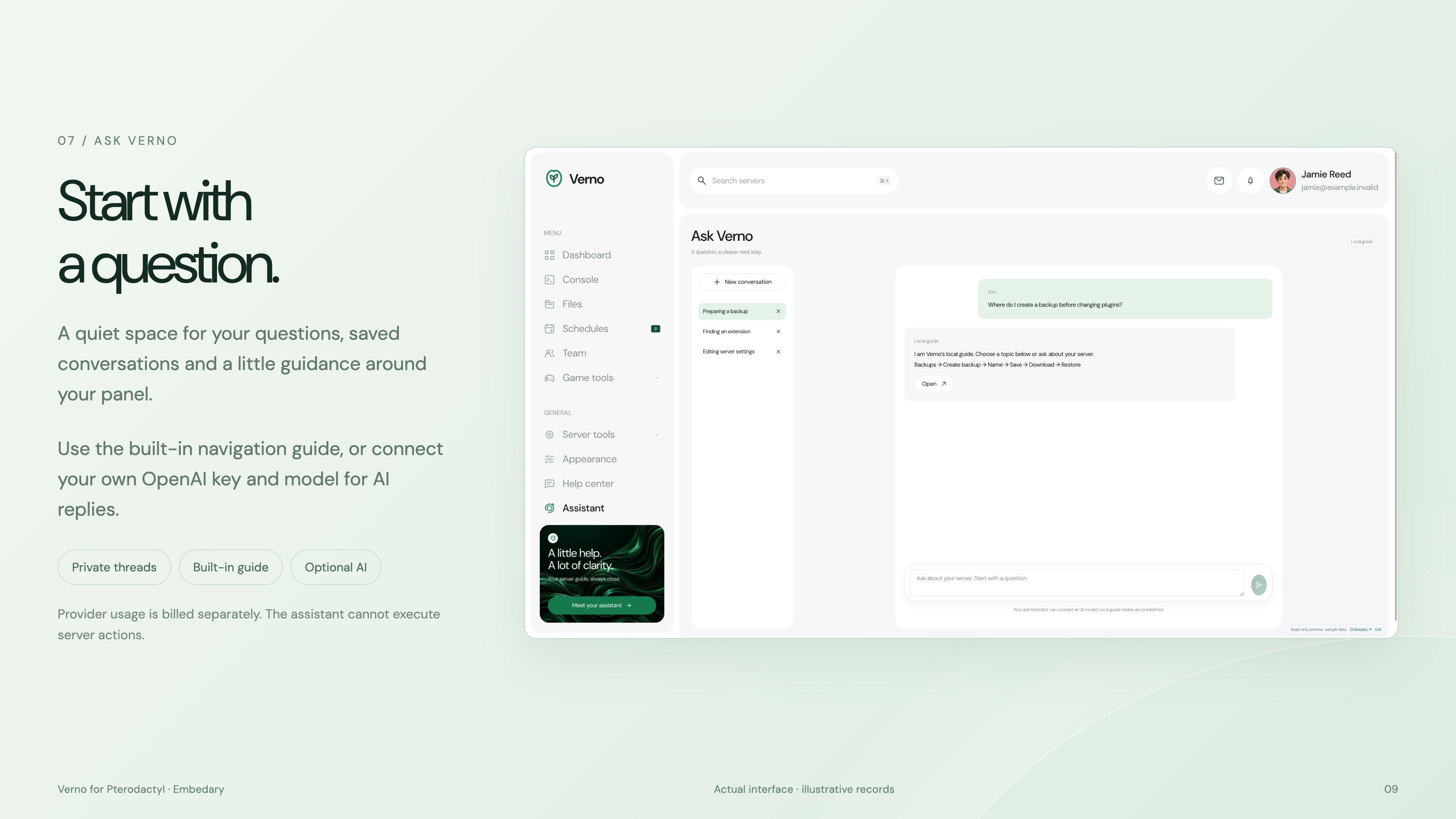 Verno assistant interface with private threads and a message composer.