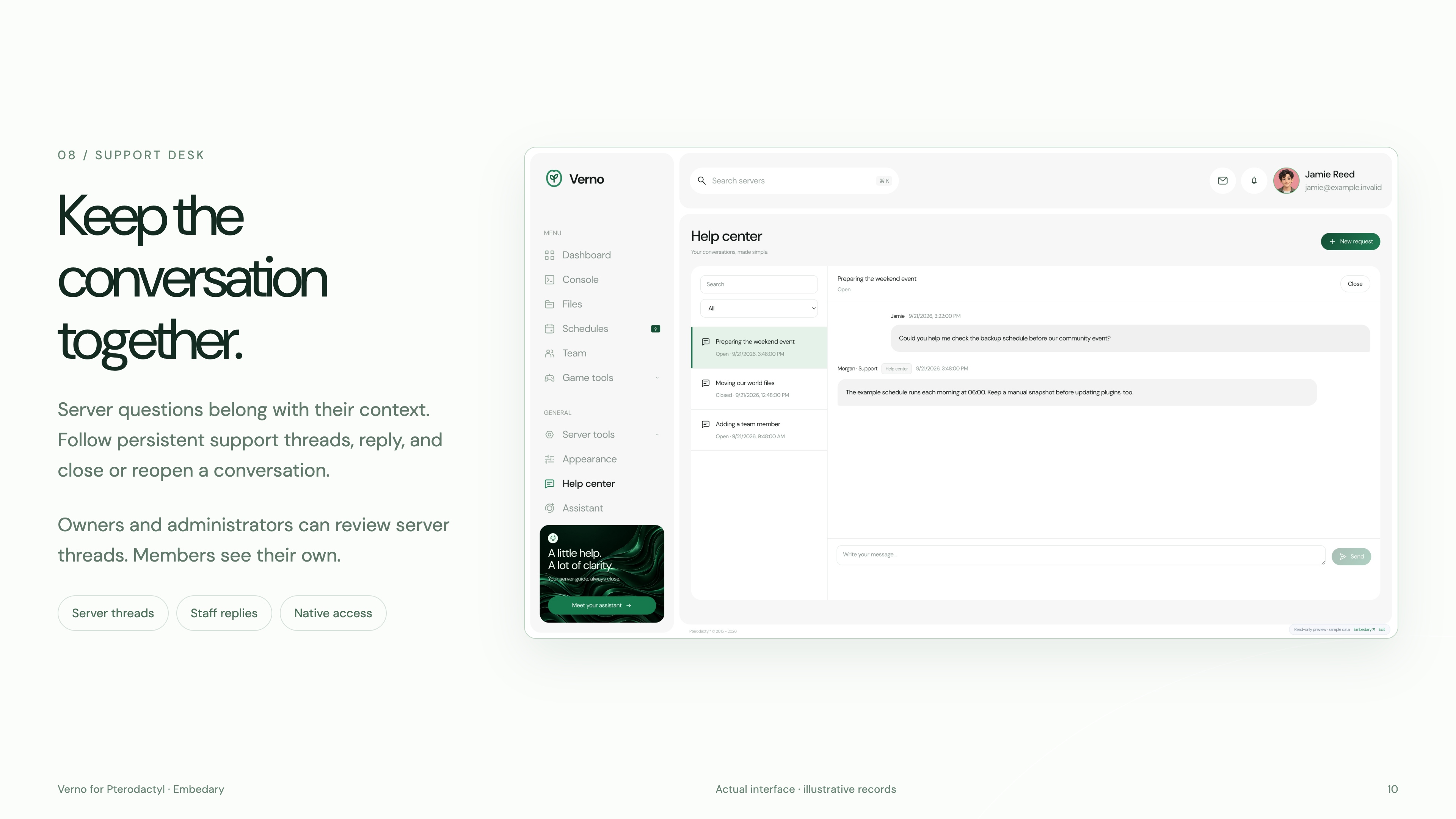 Verno server support desk with persistent conversations and staff replies.
