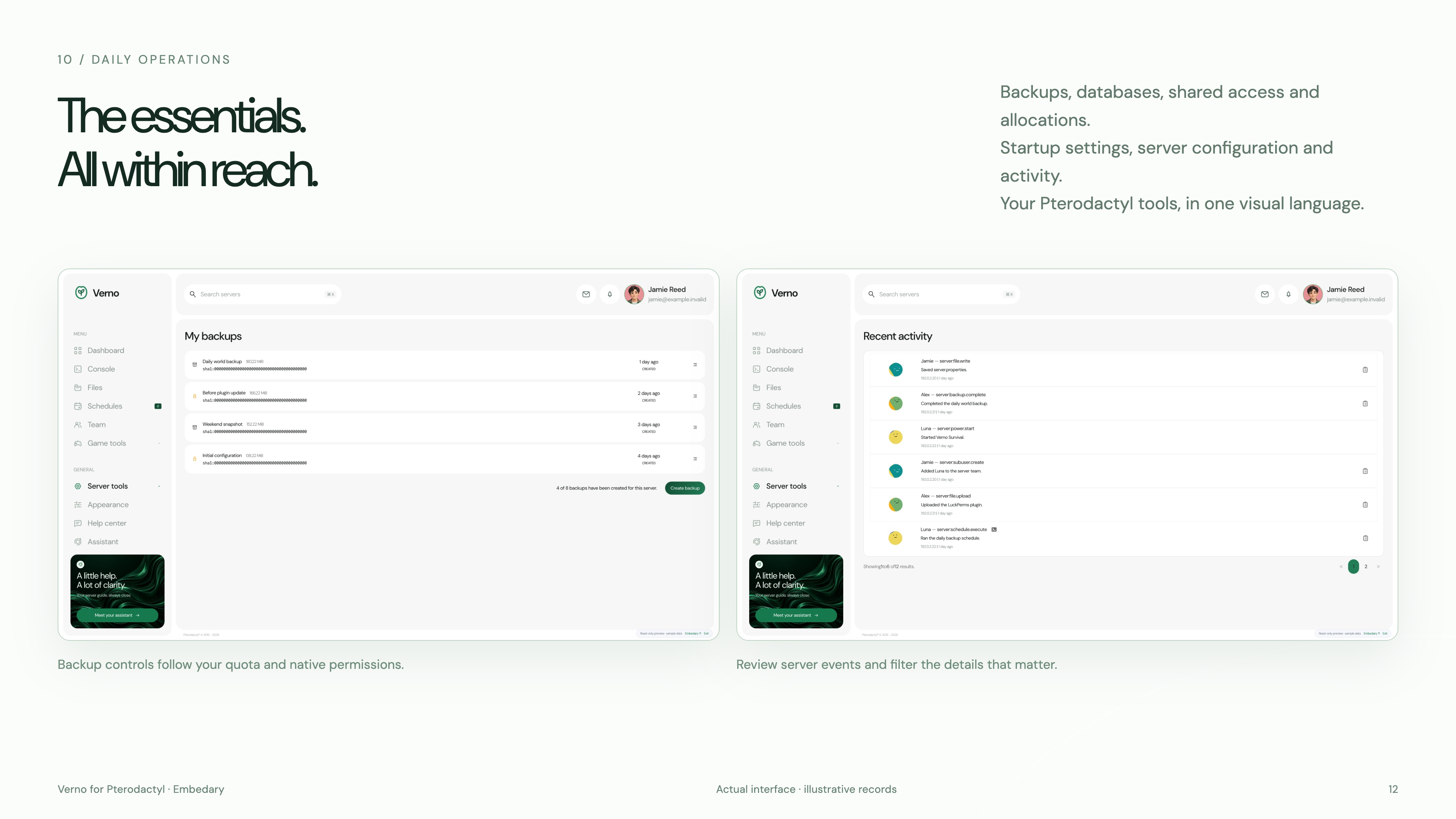 Verno backups and server activity views. Native quotas and permissions apply.