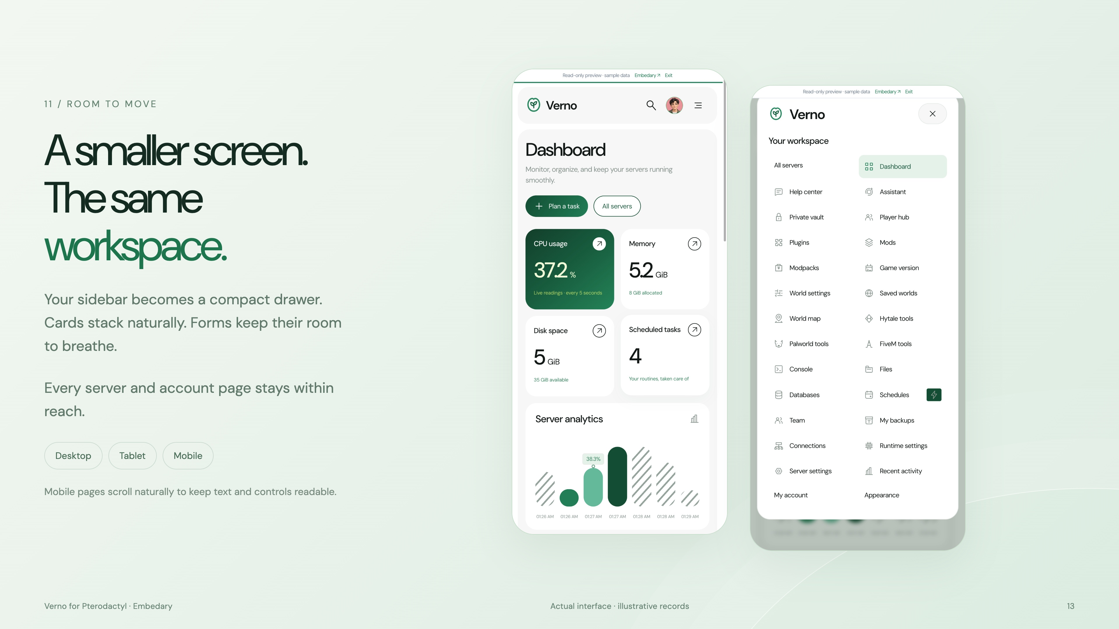 Verno mobile home and navigation, with all server and account destinations available.