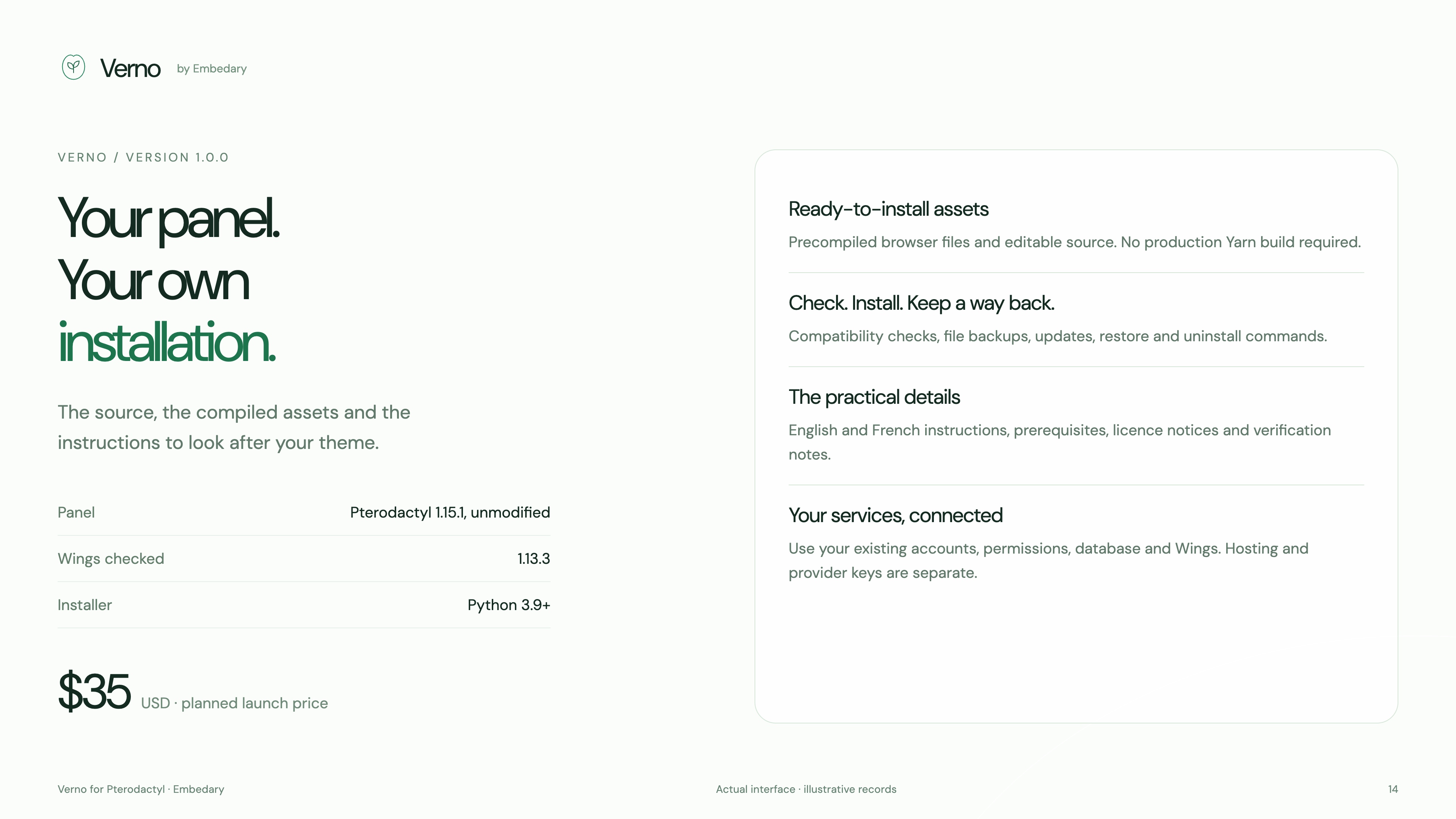 Verno package contents, Pterodactyl compatibility, installer and planned price of 35 USD.