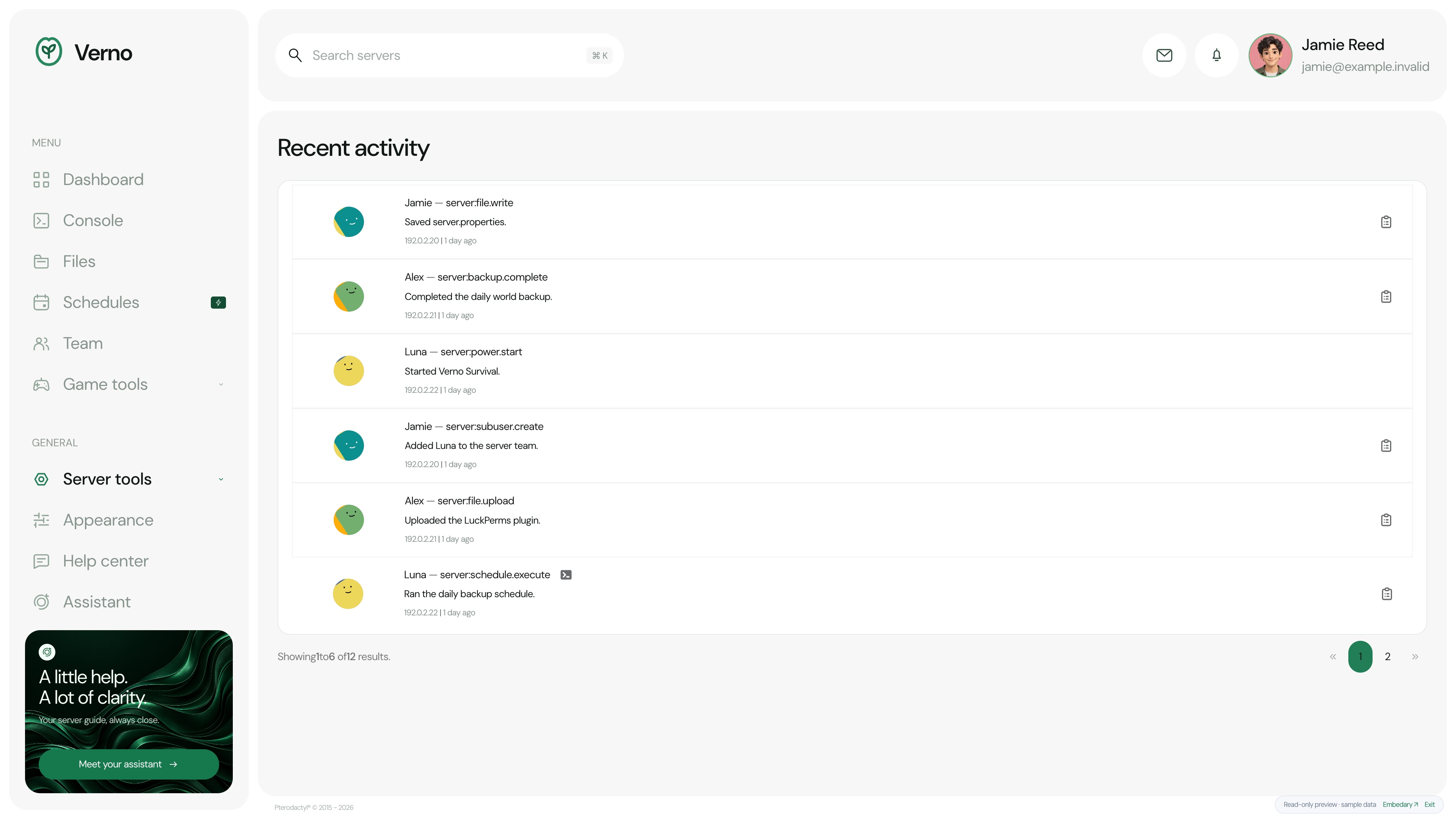 Verno — Server activity · sample data