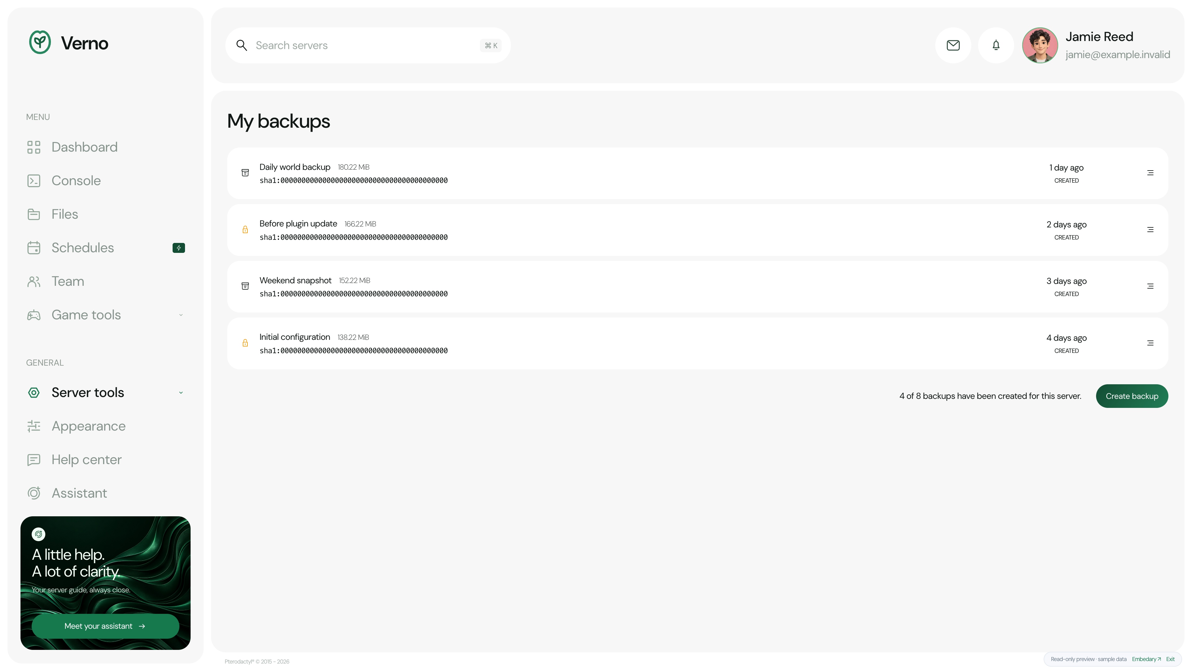 Verno — Backups · sample data