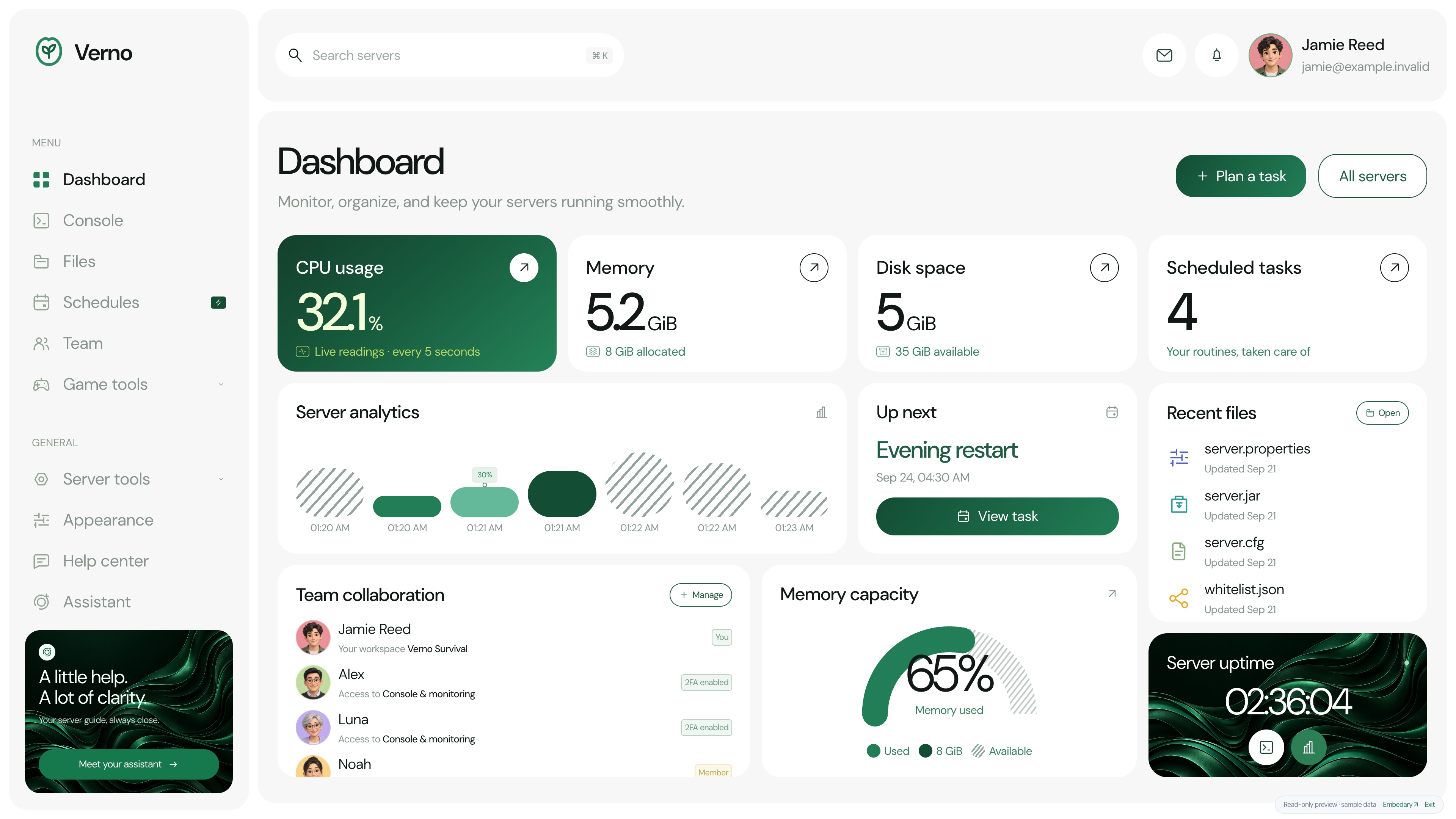 Verno — Dashboard · sample data