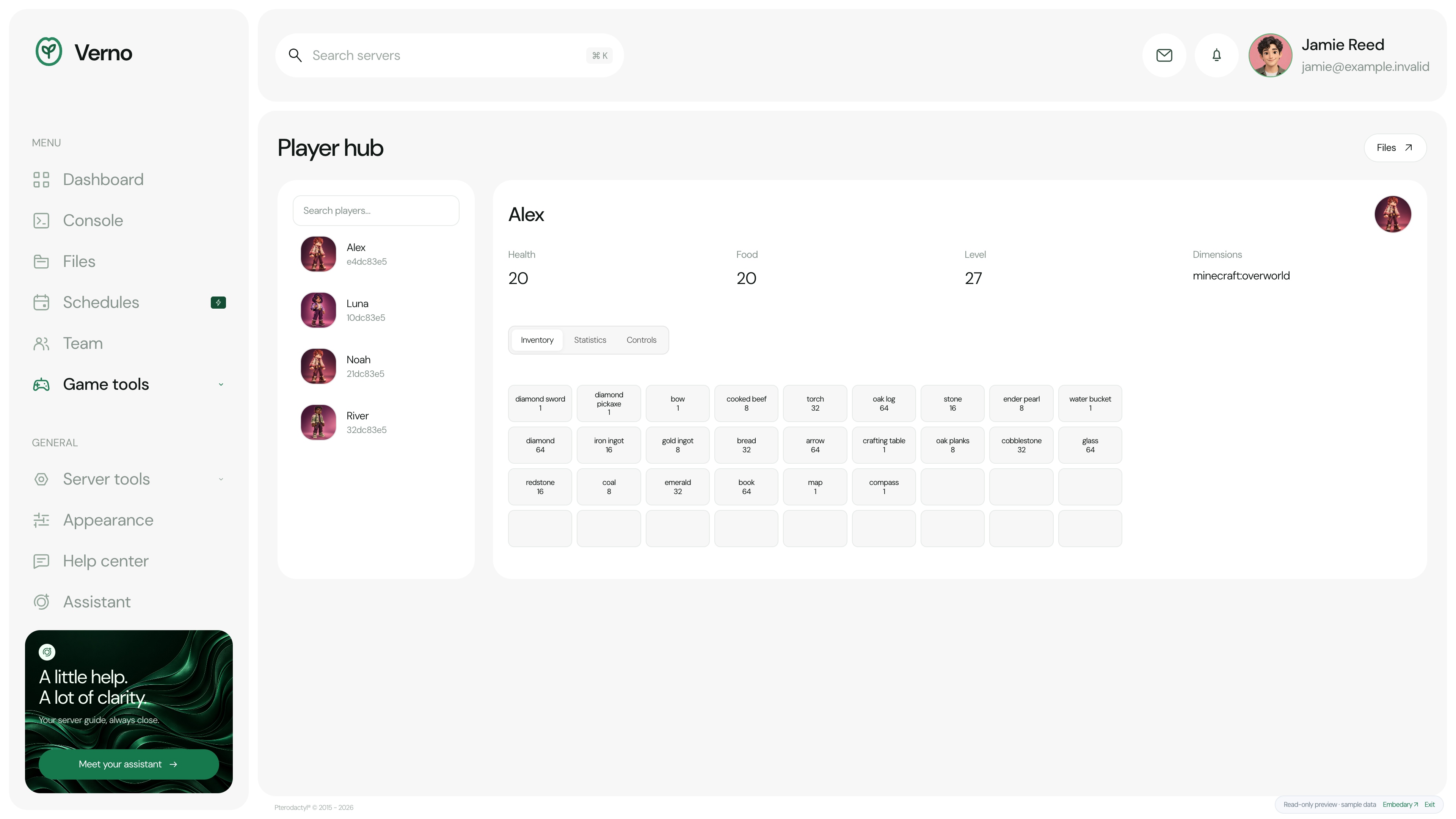 Verno — Player workspace · sample data