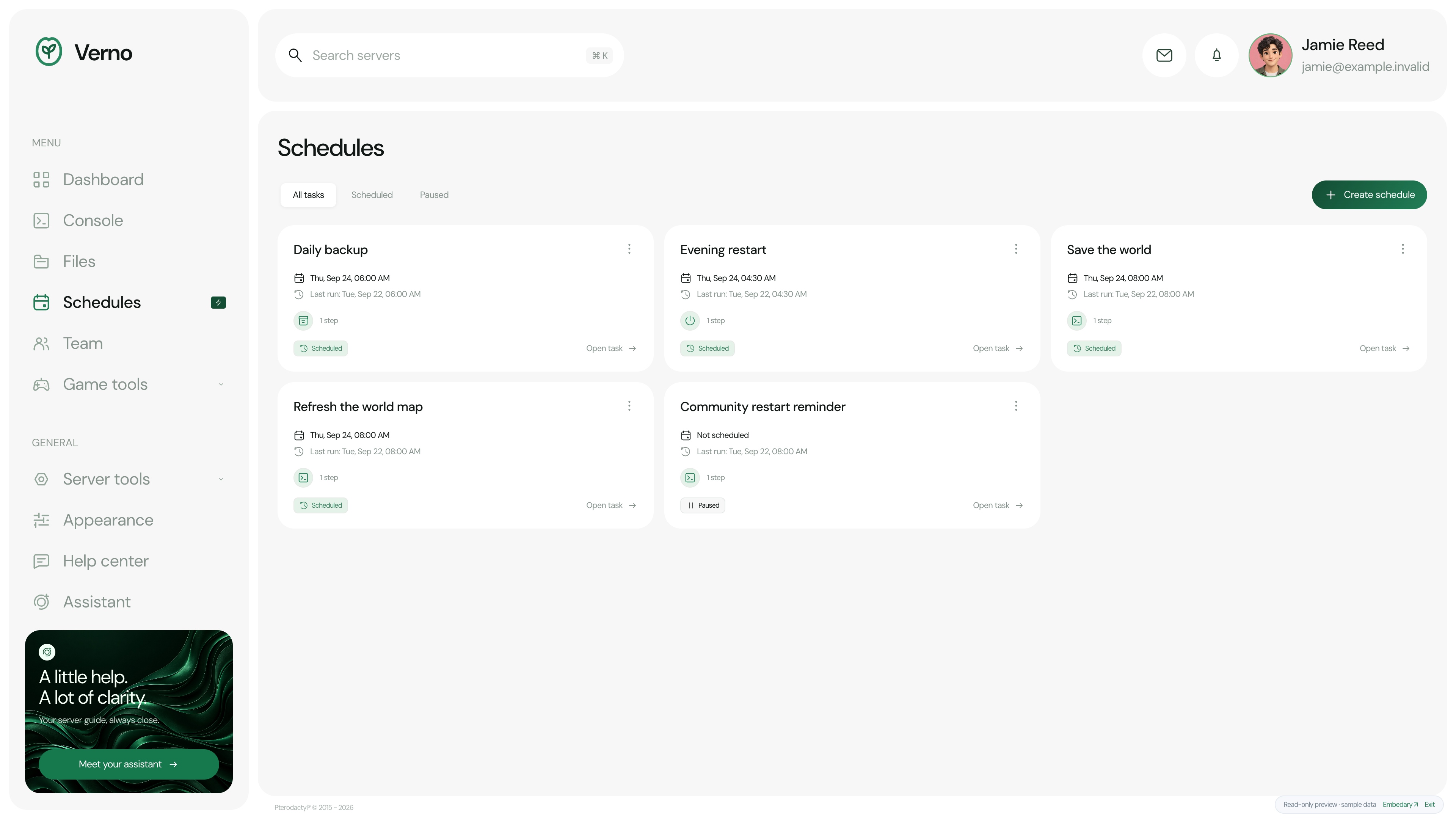 Verno — Scheduled tasks · sample data