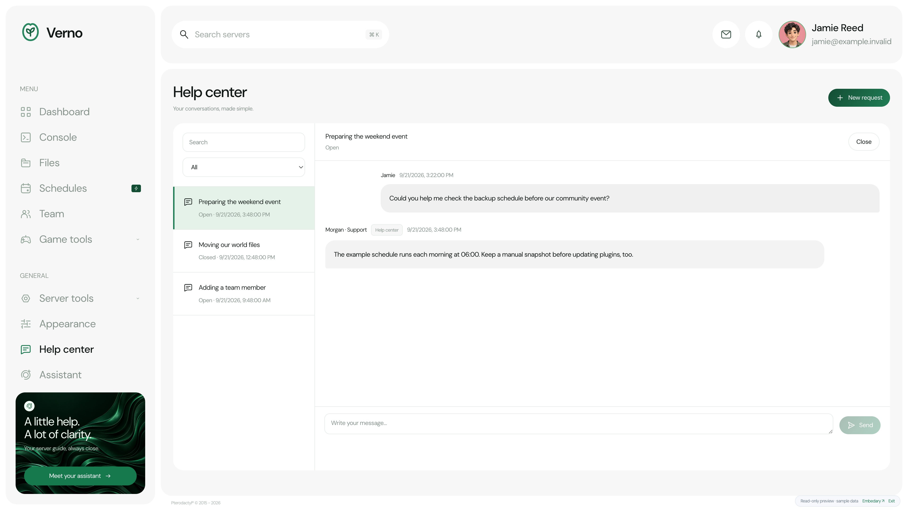 Verno — Support conversations · sample data